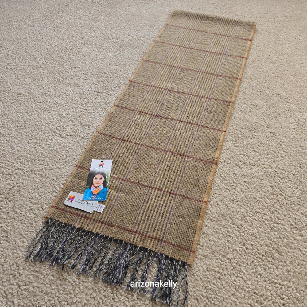 NWT John Hanly Lambswool Tan Plaid Scarf - Picture 6 of 10